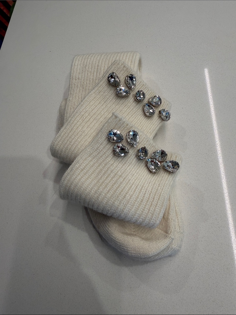 Maje White Cream Ecru Long Knee High Socks With Rhinestone Embellished Size: OS